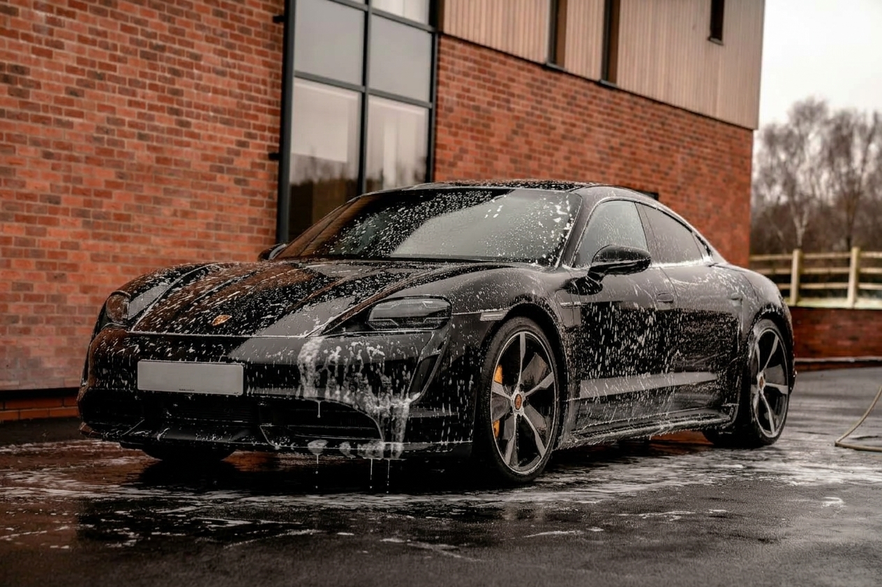 Hand washing a black Porsche with a microfiber mitt