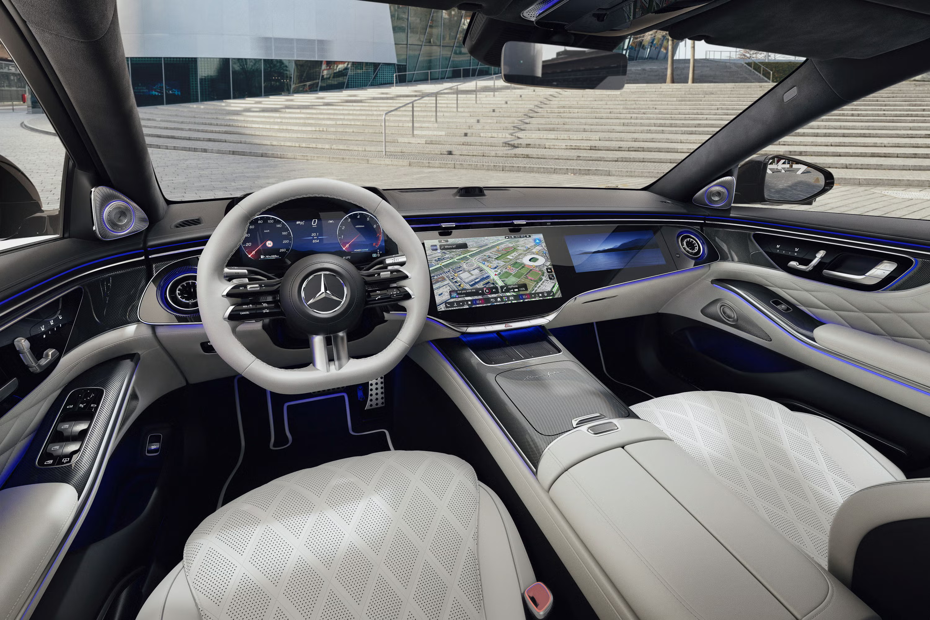 Clean Mercedes S-Class interior with leather seats and dashboard